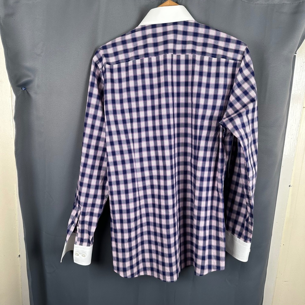 Hugo Boss Mens Slim Fit Check Dress Shirt Navy Pink White Collar 16 41 - Picture 7 of 9